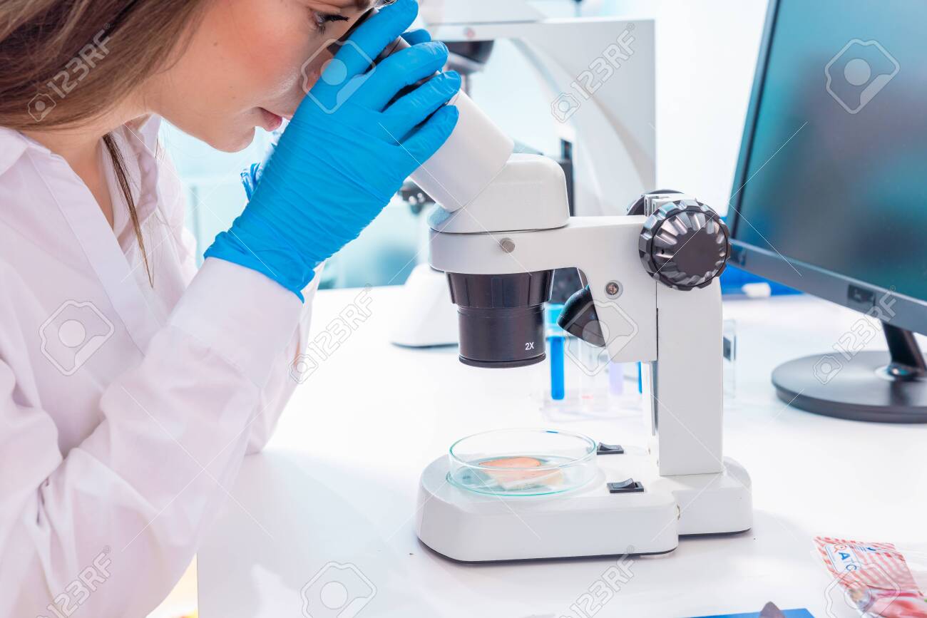 Picture of girl in the laboratory using a microscope